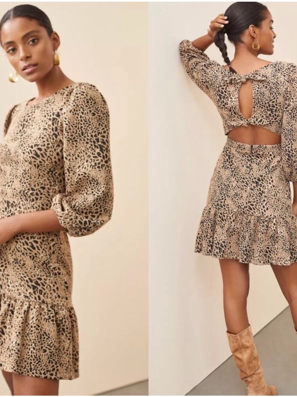 Anthropologie Tan Leopard-Print Long-Sleeve Mini Dress